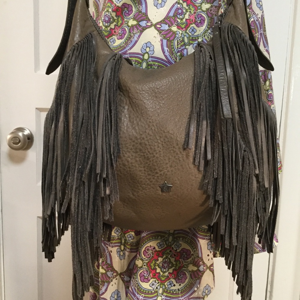 Ash Gray Fringed Leather Shoulder Bag